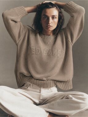 Ted Baker Lambswool Knit Sweater Beige Logo Oversized Pullover Size 5